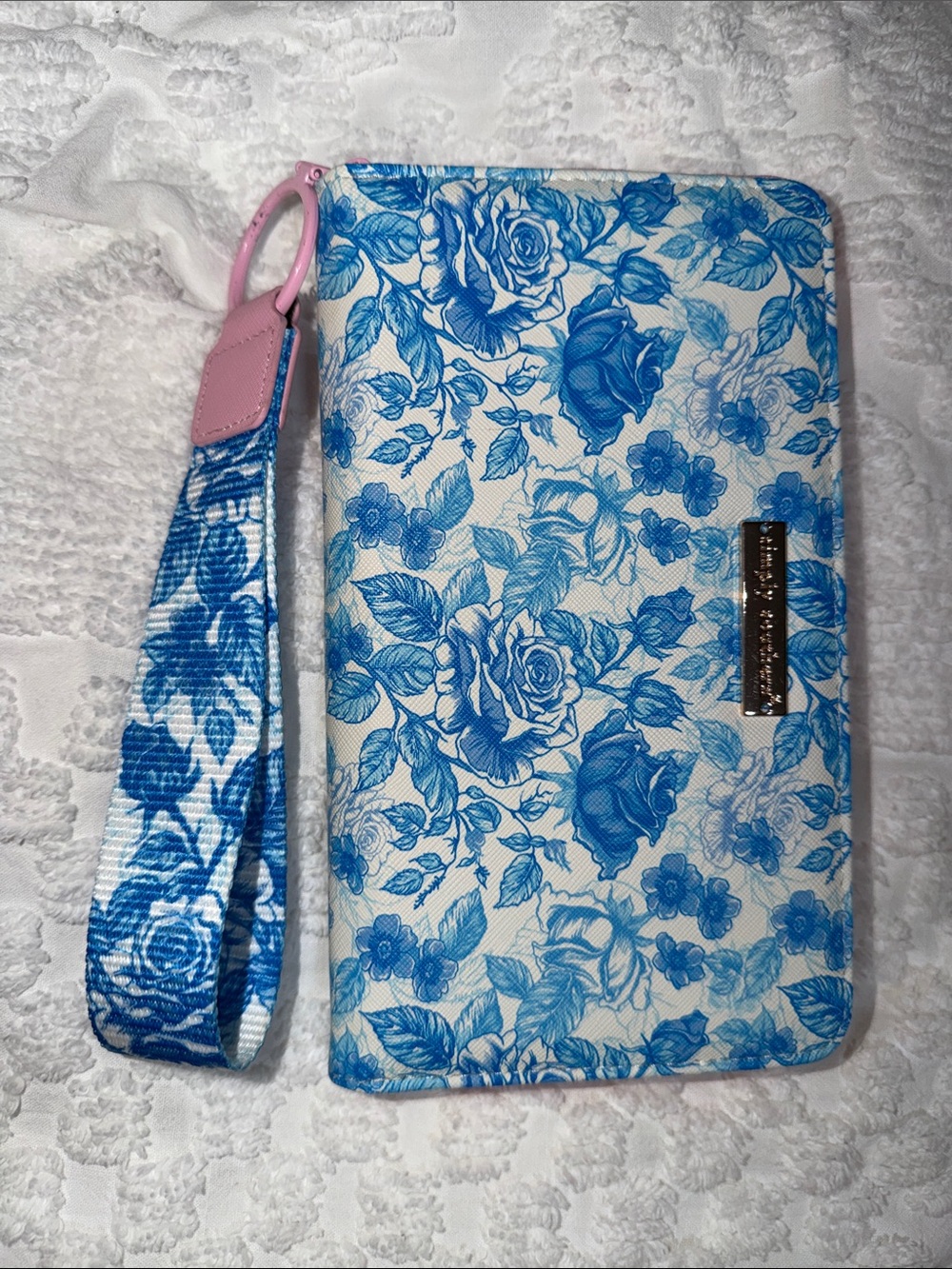 Simply Southern Blue Floral Wristlet with Pink Strap Accent
